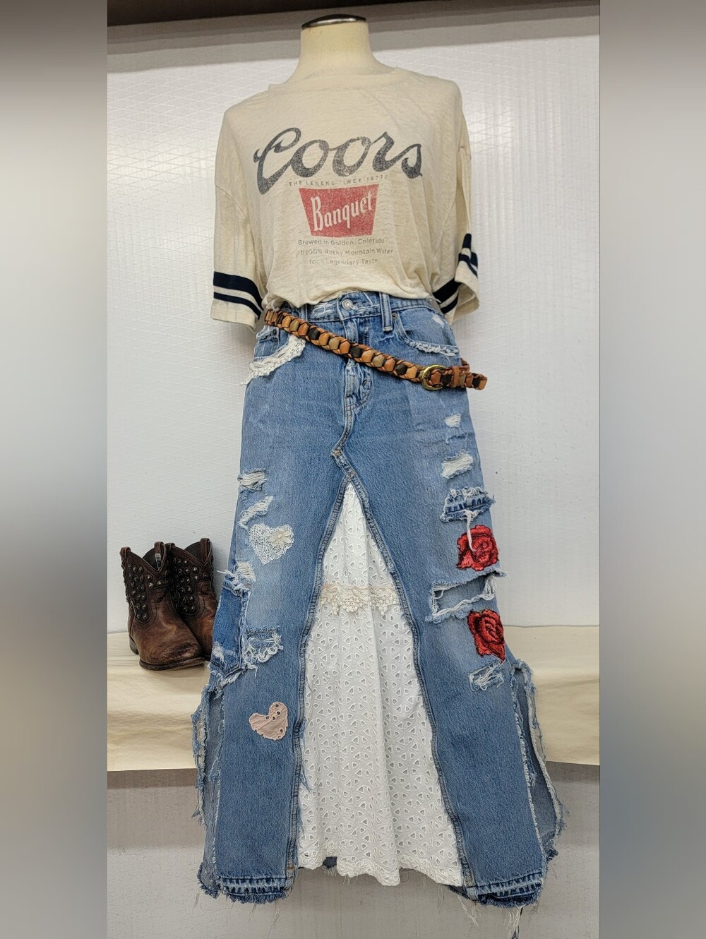 Maxi Patchwork Jean Skirt- Upcycled Cottage Grunge Shabby